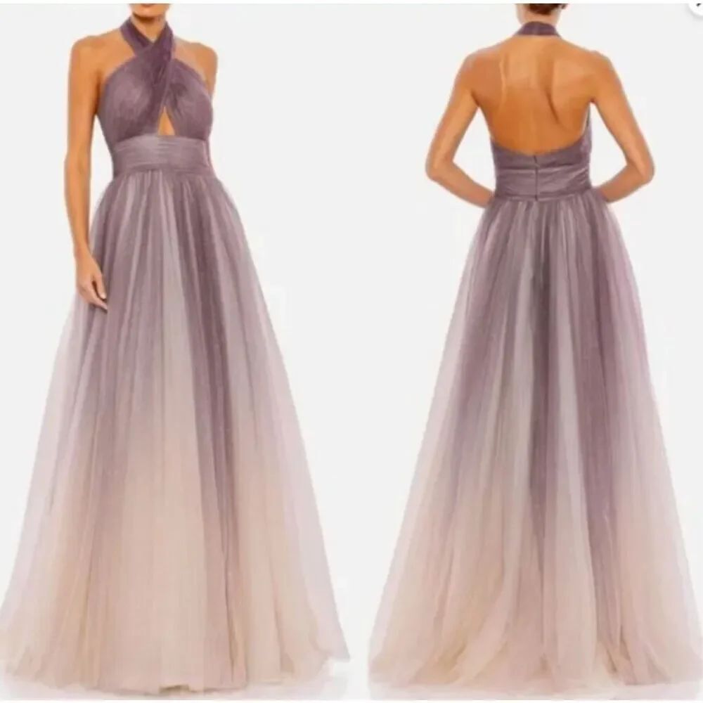 Mac Duggal NWT size 4 purple pink glitter ombré tulle A-line gown style 20376